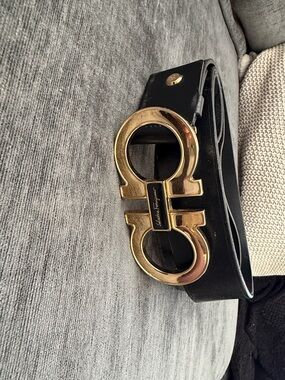 Salvatore Ferragamo Black Leather Belt with Gold Double Gancini Buckle
